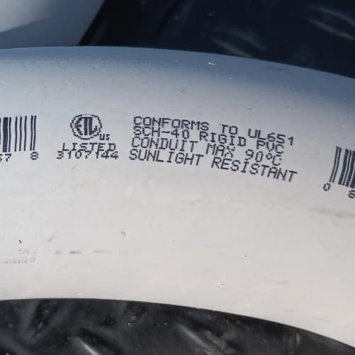 ETL listed marking on Schedule 40 PVC rigid conduit showing compliance with UL 651 and sunlight resistance requirements.