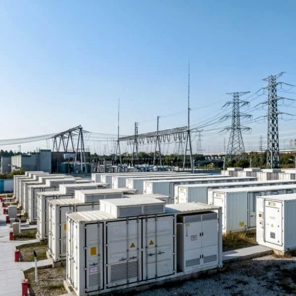 Power substation with electrical power poles in background