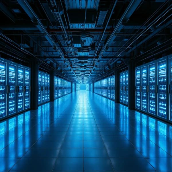 Walkway in data center with server racks on both sides